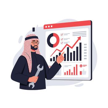 Middle Eastern Man Optimizing Business Data Analytics Dashboard Holding Wrench. vector
