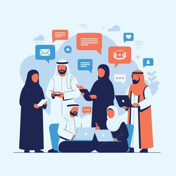 MiddleEastern team working, networking, and discussing using digital technology. vector