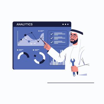 Arab Engineer Analyzing Data Dashboard Holding Wrench for Maintenance Services vector