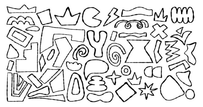Outline Curvature Crayon Freeform set. Abstract Chalk Hand Drawn Shapes, Curls, Geometric Forms, Spot and doodle objects. Isolated textured Ink drawings scrawls vector