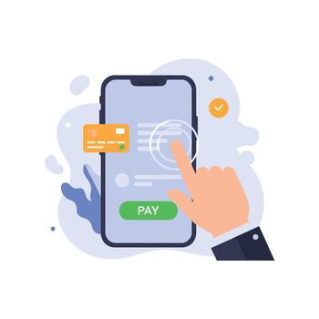 Secure Mobile Payment. Hand Paying Online Using Smartphone App and CreditCard. vector