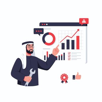Arab Businessman Analyzing Optimization Data, Pointing at Growth Chart vector