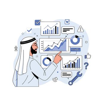 Arab Businessman Analyzing Data Analytics Dashboards and Digital Financial Strategy. vector