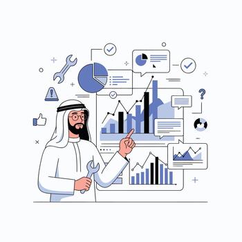 Arab Businessman Analyzing Financial Data and Technical Support Performance Metrics vector