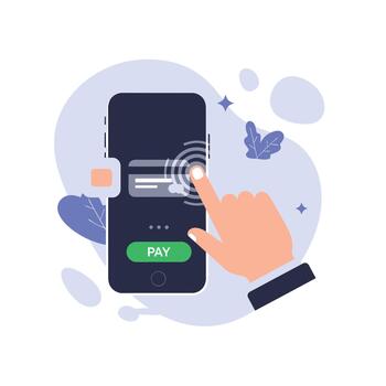 Mobile Payment Processing Concept. Hand Tapping Smartphone Screen for Secure Transaction. vector