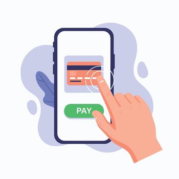 Hand tapping phone screen paying with credit card through mobile application. vector