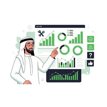 árabe empresario señalando a negocio datos analítica tablero ilustración vector