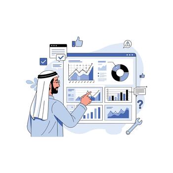 Arab Businessman Analyzing Digital Dashboard, Business Intelligence and Financial Data Report. vector