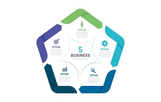Infographic arrow design and business circle infographic template design 5 options. Can be used for process diagram, workflow layout, banner, flow chart presentations. vector