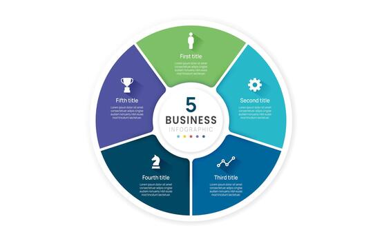 infographic label design and business circle infographic template design 5 options. Can be used for process diagram, workflow layout, banner, flow chart. vector