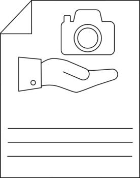 Outline of a hand holding a camera on a document icon vector
