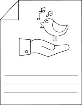 Minimalist line art of a bird singing on a hand with notes vector