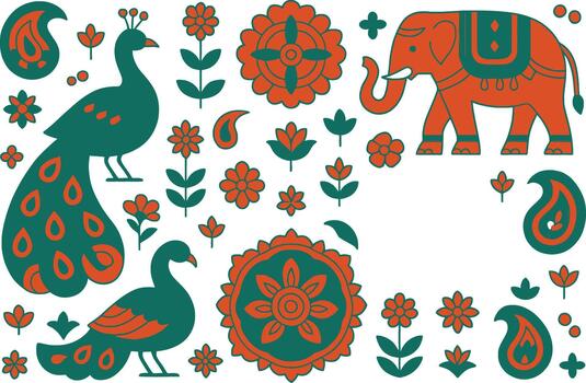 a set of colorful decorative patterns with an elephant, peacock and bird vector