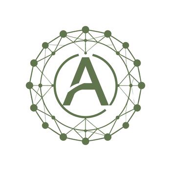 Letter A logo inside a network circle with connected dots vector