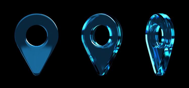 3D blue transparent glass location pin icons with holographic refraction. GPS and navigation sign in modern morphism style. Isolated on dark background. vector