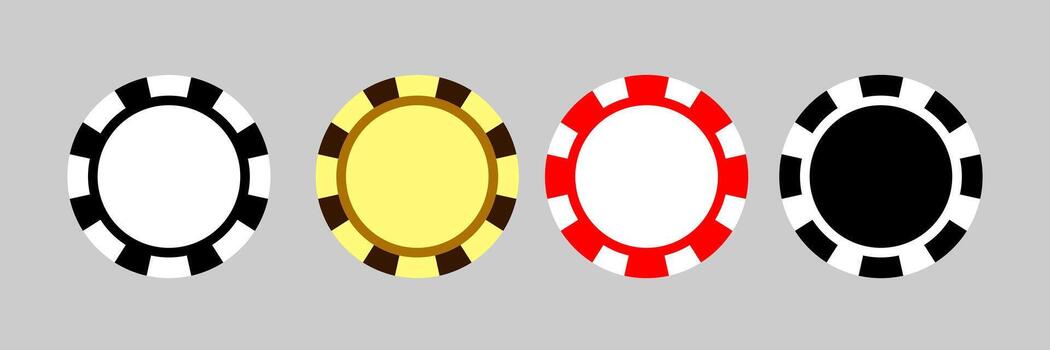 Four round poker chips on a gray background. The elements are in a simple flat style, suitable for design, icons, game interfaces and promotional materials related to casinos and gambling vector