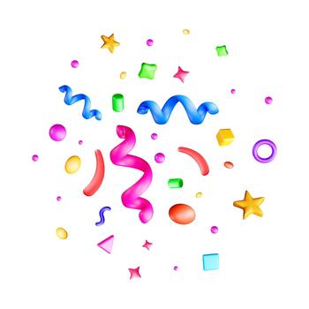 Colorful 3d abstract shapes and confetti. Whimsical scattering of stars, circles, and curlicues for celebration and festive design. Event decoration element for invitation. illustration vector