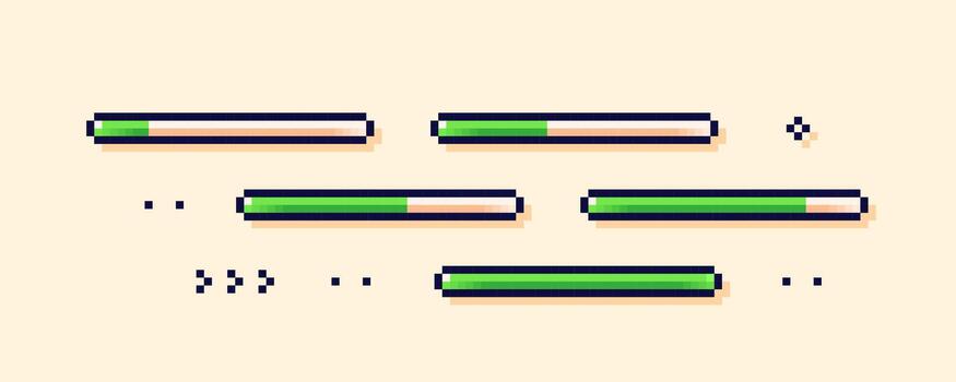 Pixel art loading game scale. Five green life process bars. vector