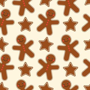 Festive Christmas pattern featuring frosted cookies, stars and gingerbread man, on warm background, fragrant atmosphere. vector