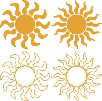 Four different sun icon designs with solid and outline styles representing summer weather and warmth vector