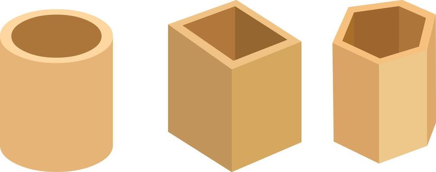 Isometric brown shapes showcase geometric forms with cylindrical, square, and hexagonal designs vector