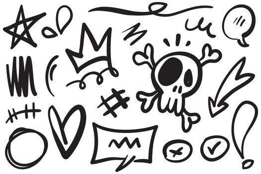 A collection of doodles in the form of graffiti cartoon-style hand-drawn images with unique skull head expressions, curved directional arrows, emoticon effect design elements, cartoon character vector