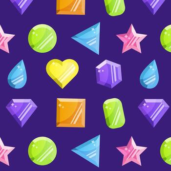 Seamless pattern with multicolored gems and crystals of different shapes heart, stars, drops, triangles, squares, hexagons on a dark purple background. vector