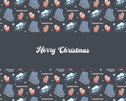 Christmas pattern with ice skates, mittens, snowflakes, and pine branches on dark background. Includes Merry Christmas text in cursive font and repeated CHRISTMAS lettering. Perfect for seasonal decor vector