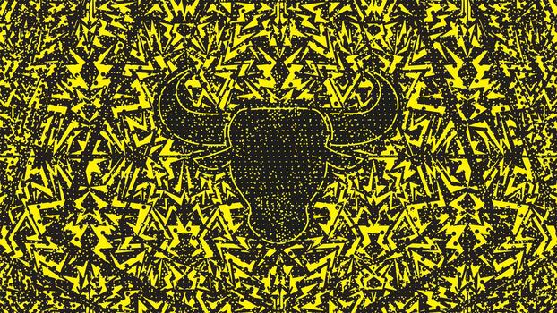 resumen mano dibujado toro cabeza modelo para moderno antecedentes en negro y amarillo con negrita geométrico formas salpicar textura y dinámica línea Arte elementos vector