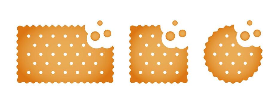 Set of bitten crackers with crumbs. Sweet or salty biscuit cookies in rectangle, square and round shapes. Crunchy snacks isolated on white background. cartoon illustration vector