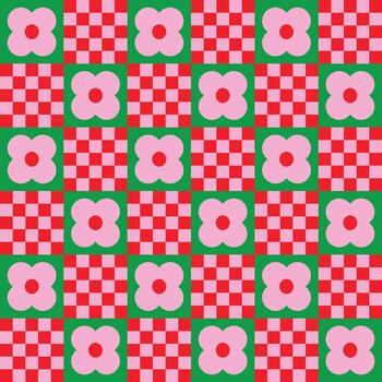 Funky seamless groovy pattern with flower and checkered style vector