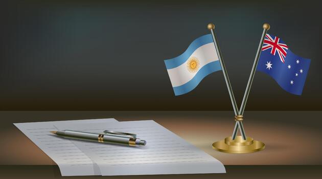argentina y Australia banderas en mesa en oficina. internacional relaciones en un oscuro degradado color antecedentes. vector
