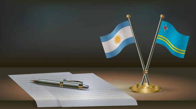 argentina y aruba banderas en mesa en oficina. internacional relaciones en un oscuro degradado color antecedentes. vector