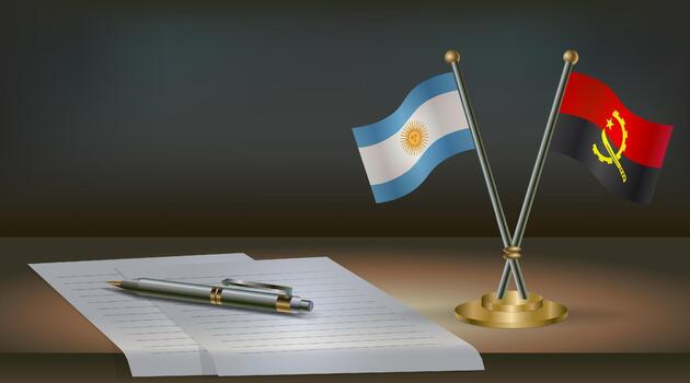 argentina y angola banderas en mesa en oficina. internacional relaciones en un oscuro degradado color antecedentes. vector