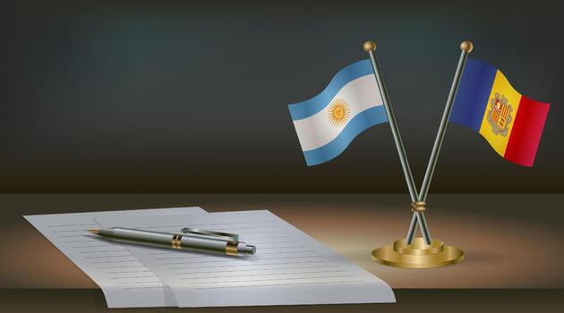 argentina y andorra banderas en mesa en oficina. internacional relaciones en un oscuro degradado color antecedentes. vector