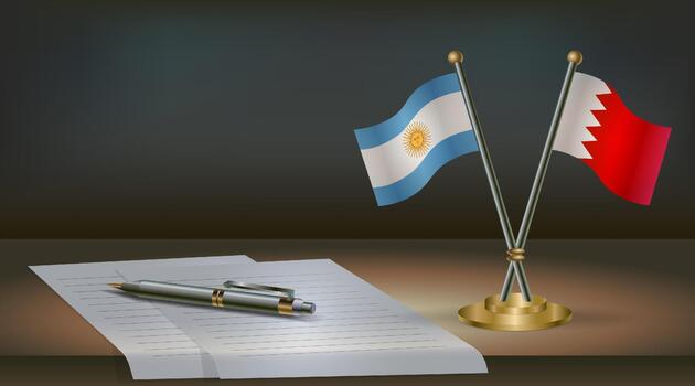 argentina y bahrein banderas en mesa en oficina. internacional relaciones en un oscuro degradado color antecedentes. vector