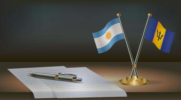 argentina y barbados banderas en mesa en oficina. internacional relaciones en un oscuro degradado color antecedentes. vector