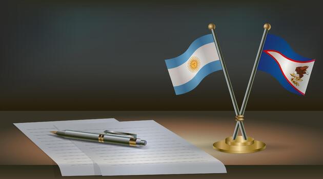 argentina y americano Samoa banderas en mesa en oficina. internacional relaciones en un oscuro degradado color antecedentes. vector