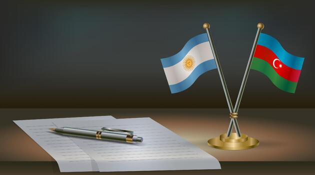 argentina y azerbaiyán banderas en mesa en oficina. internacional relaciones en un oscuro degradado color antecedentes. vector