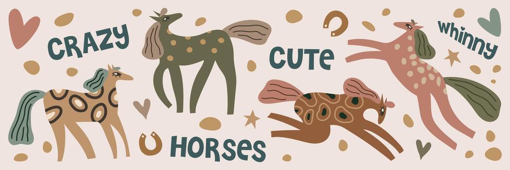 Whimsical Horses with Playful Expressions Illustration. Featuring various textures and patterns, these horses add a lively touch with hearts and stars. vector