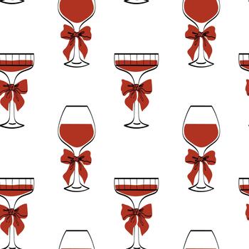Elegant cocktail glasses with red bows on a white background in a pattern design suitable for festive occasions vector