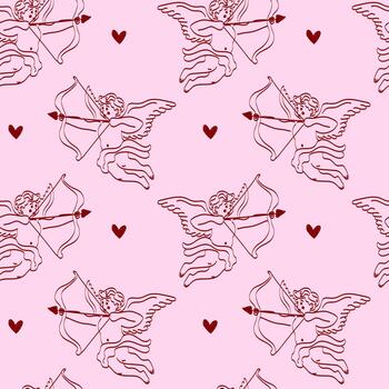 Pattern of winged figures shooting arrows with hearts on a light background featuring multiple repetitions of the design vector