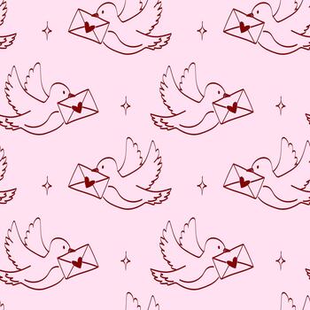 Doves carry envelopes with hearts on a pink background in a simple repeating pattern for decoration vector