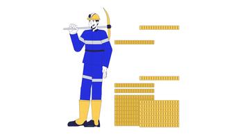 bitcoin brytning 2d animation. crypto stapling. blockchain kryptovaluta vinst. BTC gruvarbetare stående med stackar av mynt animerad karaktär tecknad serie platt begrepp liknelse 4k isolerat på vit video