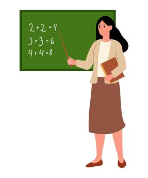 Math teacher stands in front of chalkboard showing simple addition problems while holding book and pointer. vector