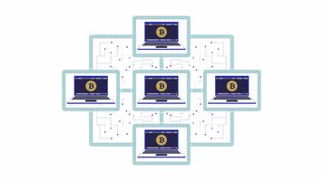 blockchain nätverk 2d animation. sammankopplade datorer med bitcoin. decentraliserad systemet. peer-to-peer digital transaktioner animerad tecknad serie platt begrepp liknelse 4k isolerat på vit video