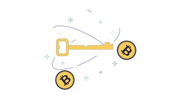 bitcoin kryptografi 2d animation. kryptering nyckel med BTC mynt och bana rader. säkra krypto. blockchain teknologi skydd animerad tecknad serie platt begrepp liknelse 4k isolerat på vit video