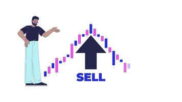 svart man analyserar köpa och sälja crypto Diagram 2d animation. kryptovaluta näringsidkare pekande på ljusstake stock marknadsföra animerad karaktär tecknad serie platt begrepp liknelse 4k isolerat på vit video