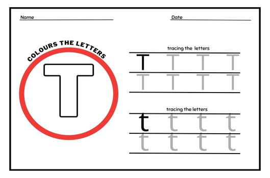 Learn the Letter T. Tracing Practice Page. Developing skills of writing. paper ready to print. vector