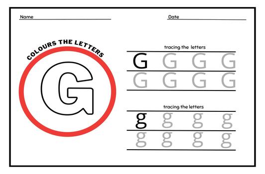 Learn the Letter G. Tracing Practice Page. Developing skills of writing. paper ready to print. vector